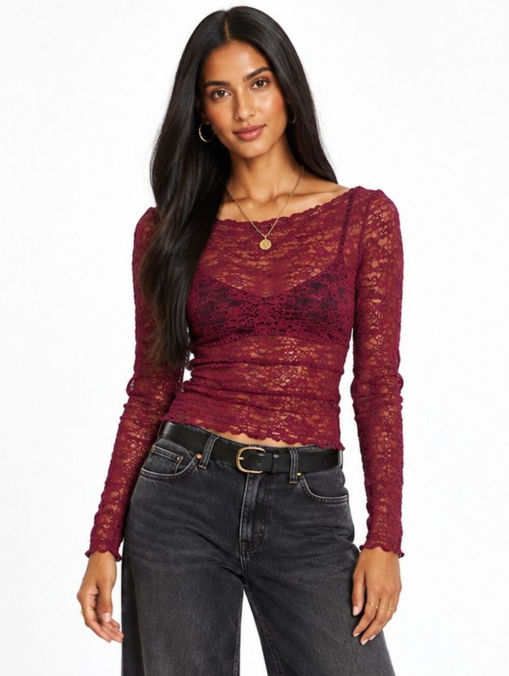 J.Crew Burgundy Stretch Lace Long Sleeve Top Size L